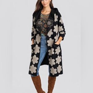 Johnny Was Biya Black Boho Floral Appliqué Embroidered Hooded Duster Sweater